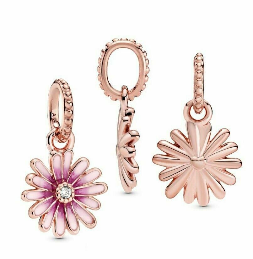 Pink Daisy Dangle Charm Hallmarked S925 Sterling Silver