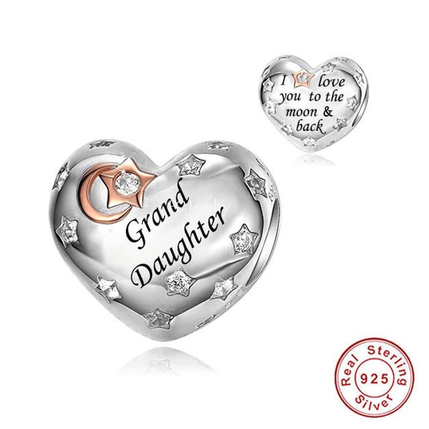Grand Daughter I Love You to the Moon & Back Heart Charm Hallmarked S925 Sterling Silver