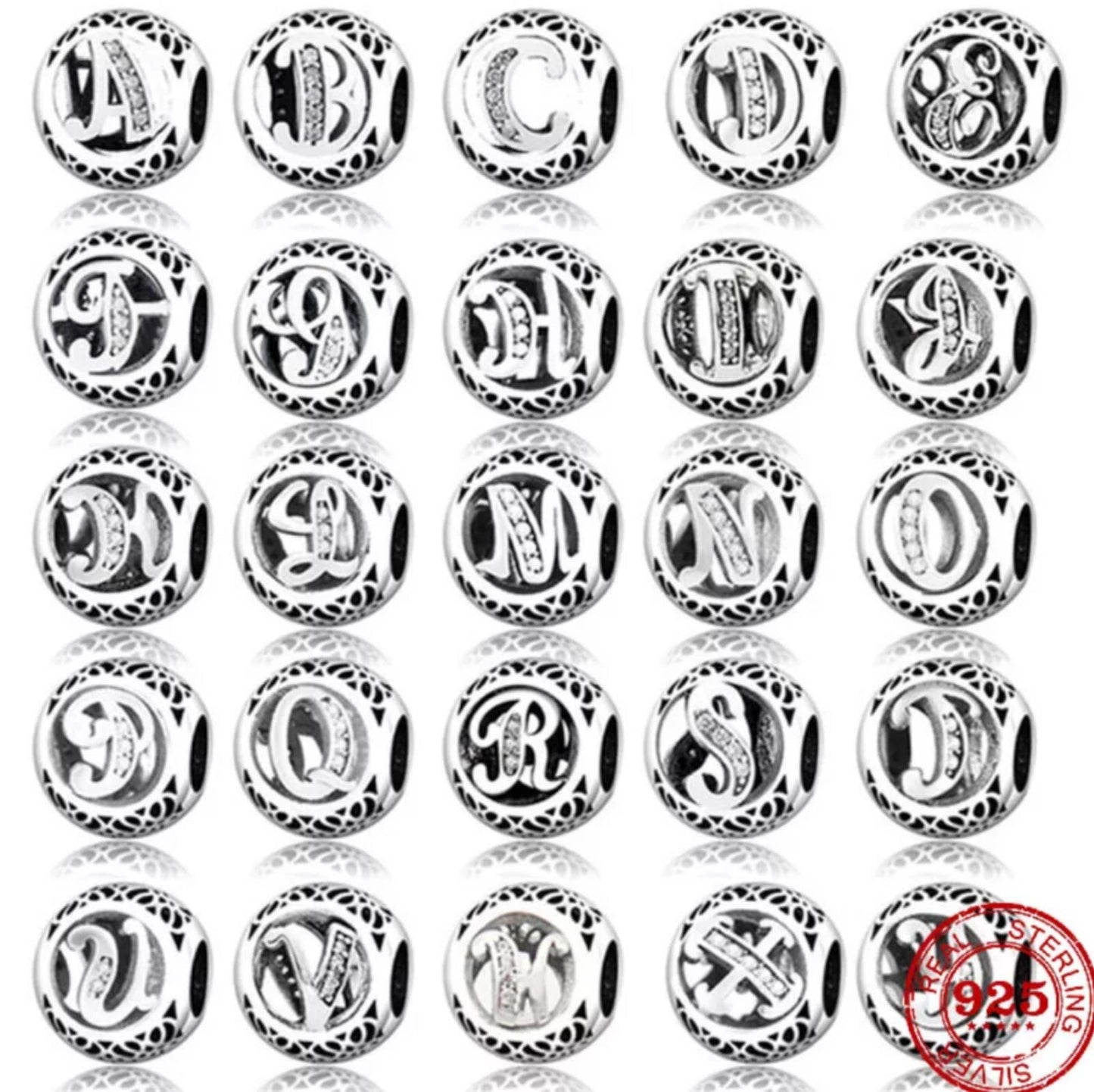 S925 Round Alphabets A to Z Sterling Silver Charm Collection
