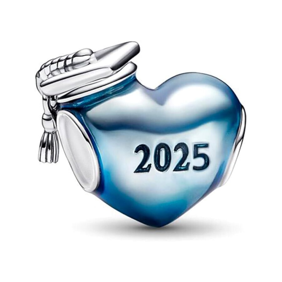 Blue 2025 Graduation Heart Charm Hallmarked S925 Sterling Silver