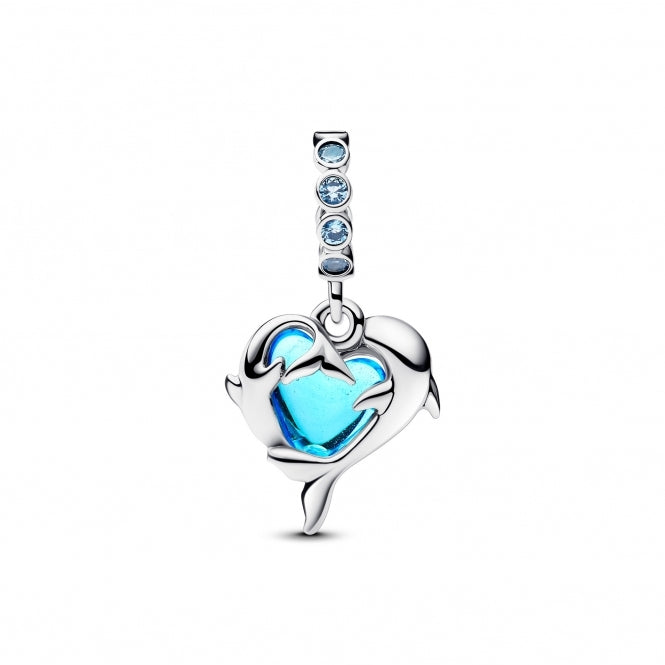Blue Murano Glass Dolphins Dangle Charm Hallmarked S925 Sterling Silver