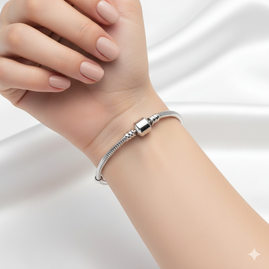 Barrel Clasp Snake Chain Silver Charm Bracelet