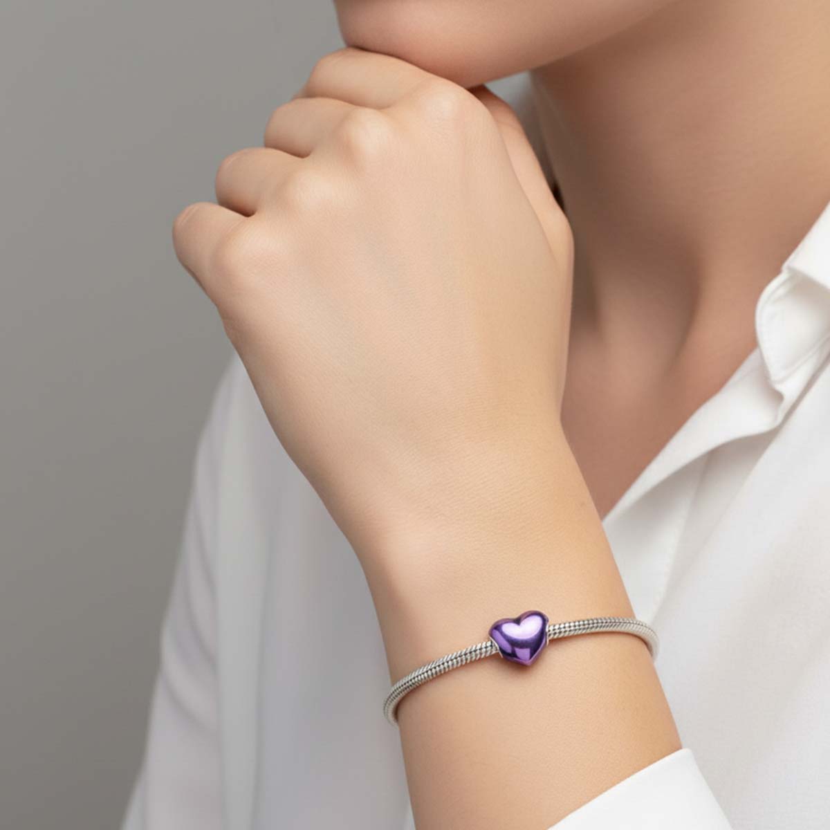 Metallic Purple Heart Charm Hallmarked S925 Sterling Silver