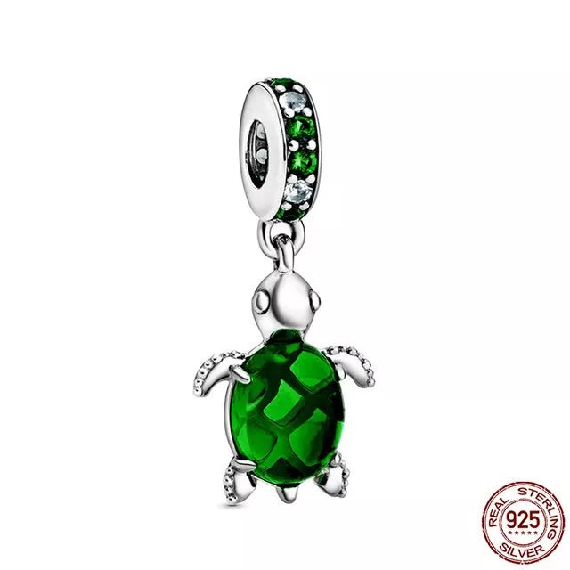 Ocean Sea Life Green Turtle Dangle Charm Hallmarked S925 Sterling Silver