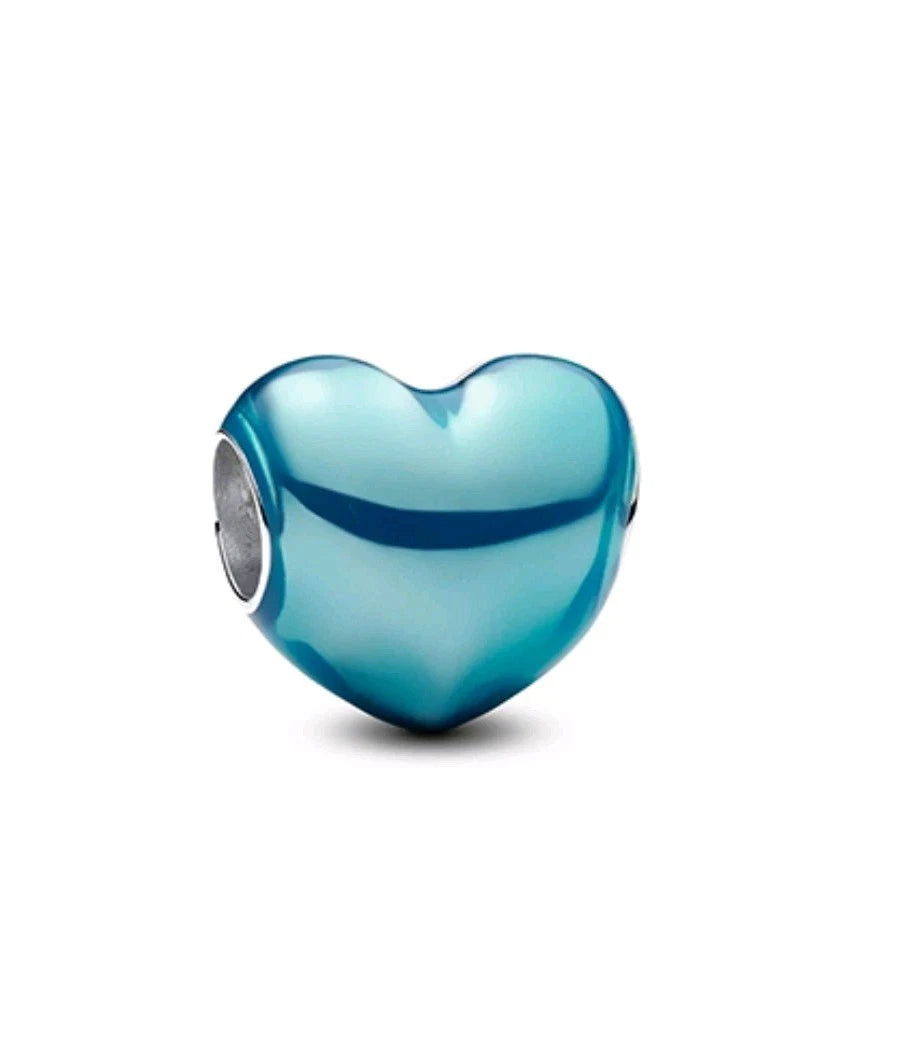 Metallic Sky Blue Heart Charm Hallmarked S925 Sterling Silver