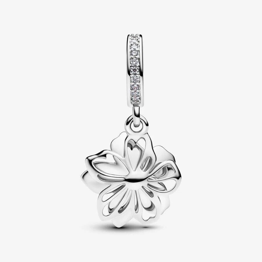 Blue Cherry Blossom Dangle Charm Hallmarked S925 Sterling Silver