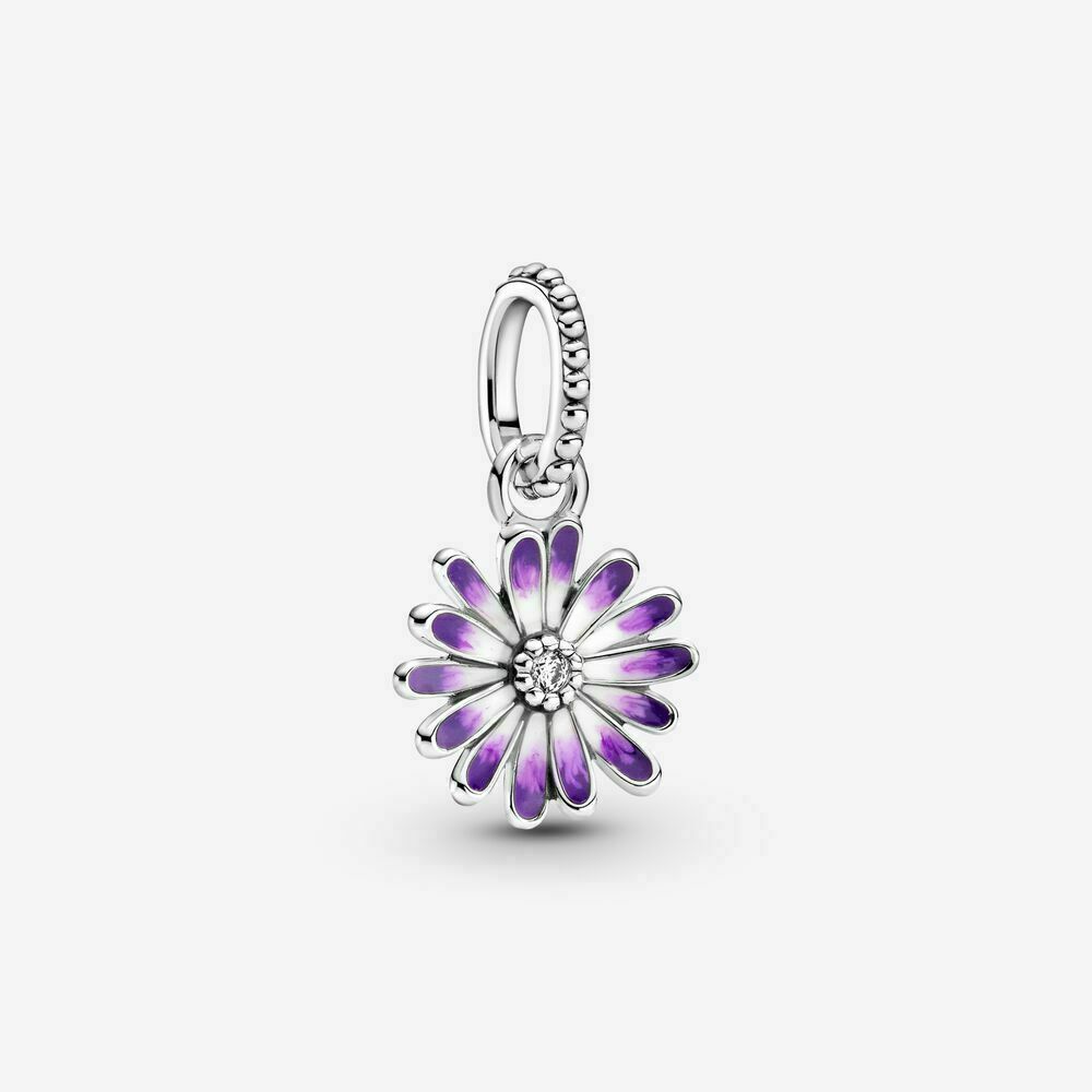 Purple Daisy Dangle Charm Hallmarked S925 Sterling Silver