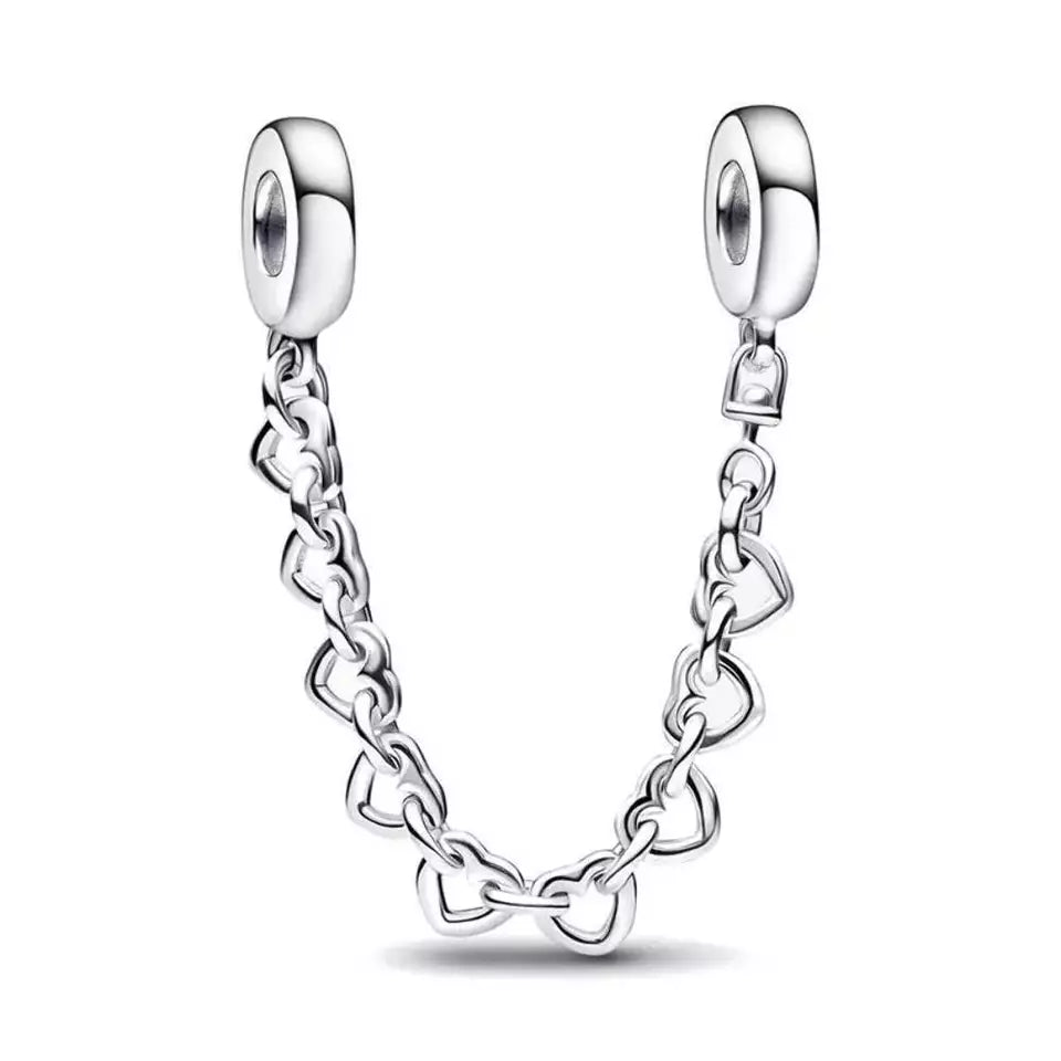 Linked Hearts Safety Chain Charm Hallmarked S925 Sterling Silver