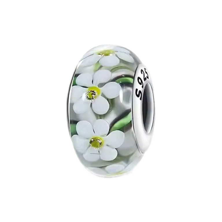 Wild Flowers Murano Glass Charm Hallmarked S925 Sterling Silver