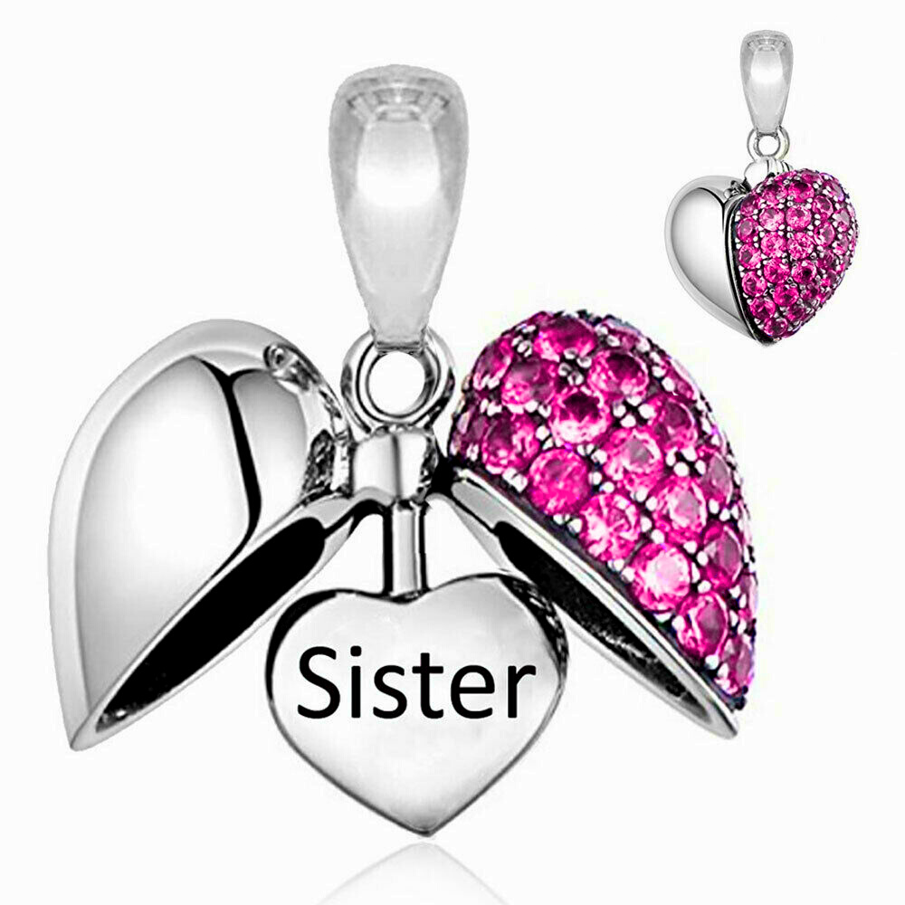Pink Fuchsia Crystal Heart Sister Dangle Charm Hallmarked S925 Sterling Silver