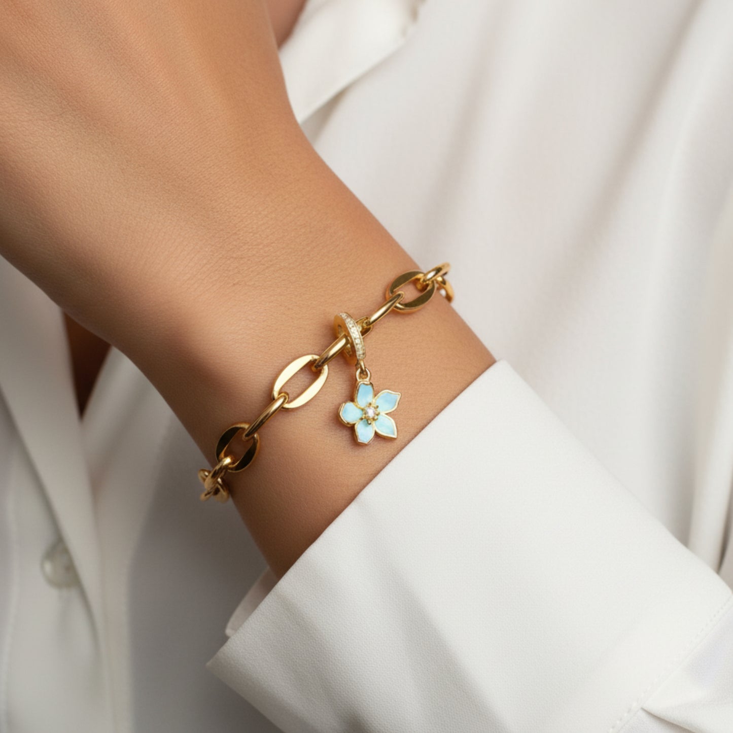 Gold & Blue Cherry Blossom Dangle Charm Hallmarked S925 Sterling Silver