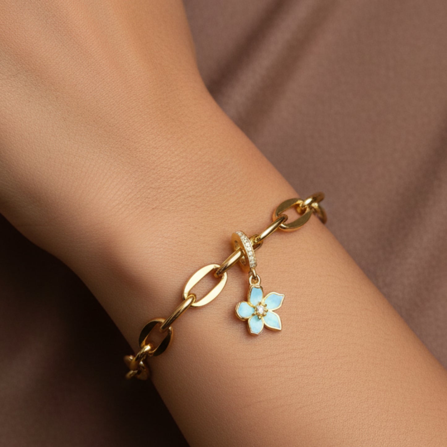 Gold & Blue Cherry Blossom Dangle Charm Hallmarked S925 Sterling Silver