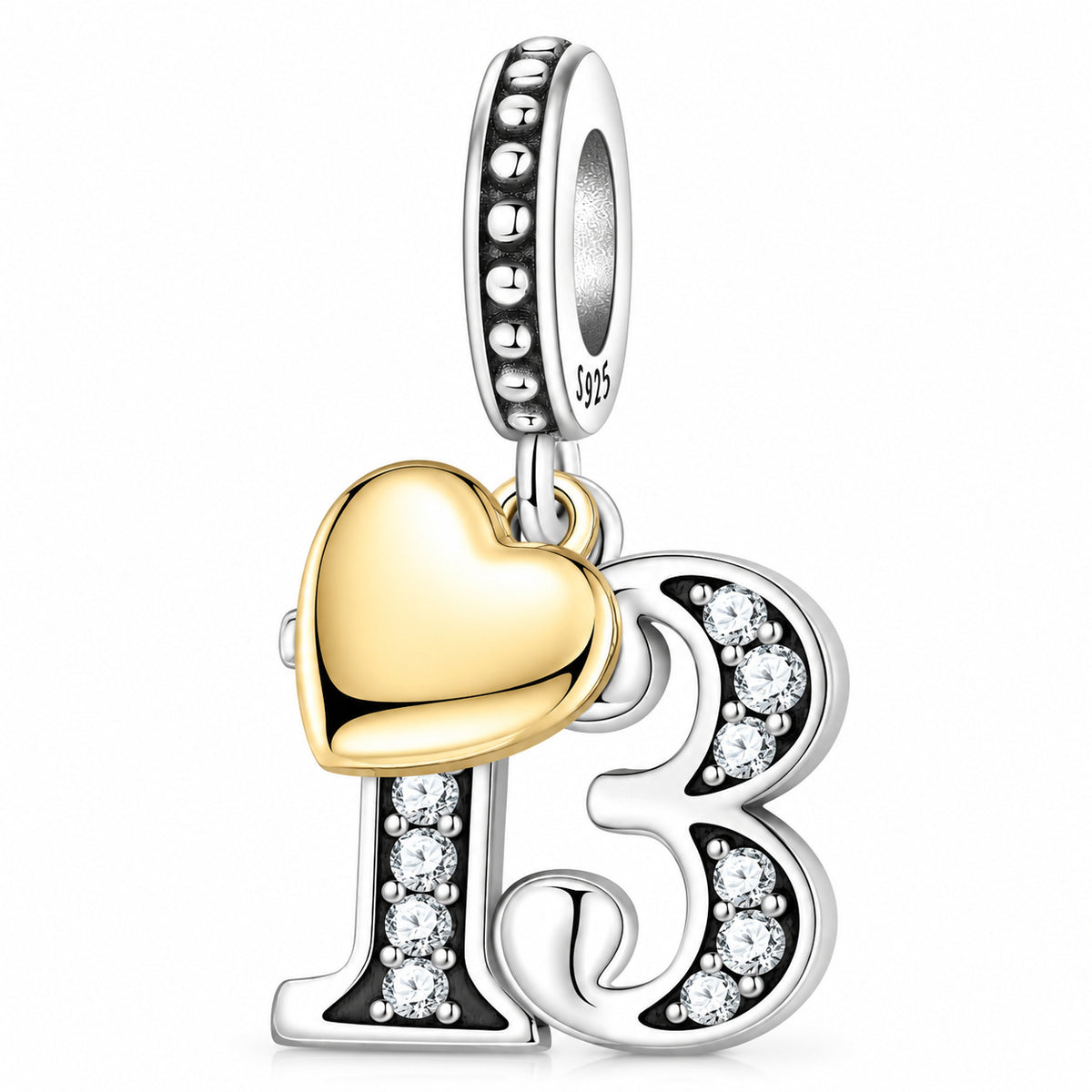 13, 16, 18, 21, 30 Birthday Number with Gold Plated Heart Charm Hallmarked S925 Sterling Silver