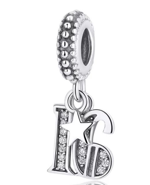 16th Birthday Dangle Charm Hallmarked S925 Sterling Silver