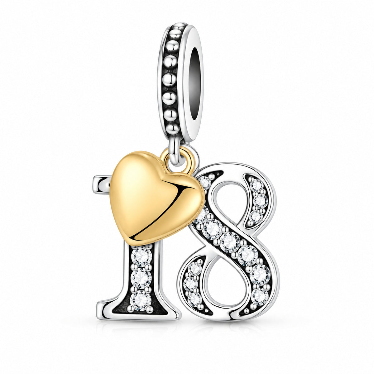 13, 16, 18, 21, 30 Birthday Number with Gold Plated Heart Charm Hallmarked S925 Sterling Silver