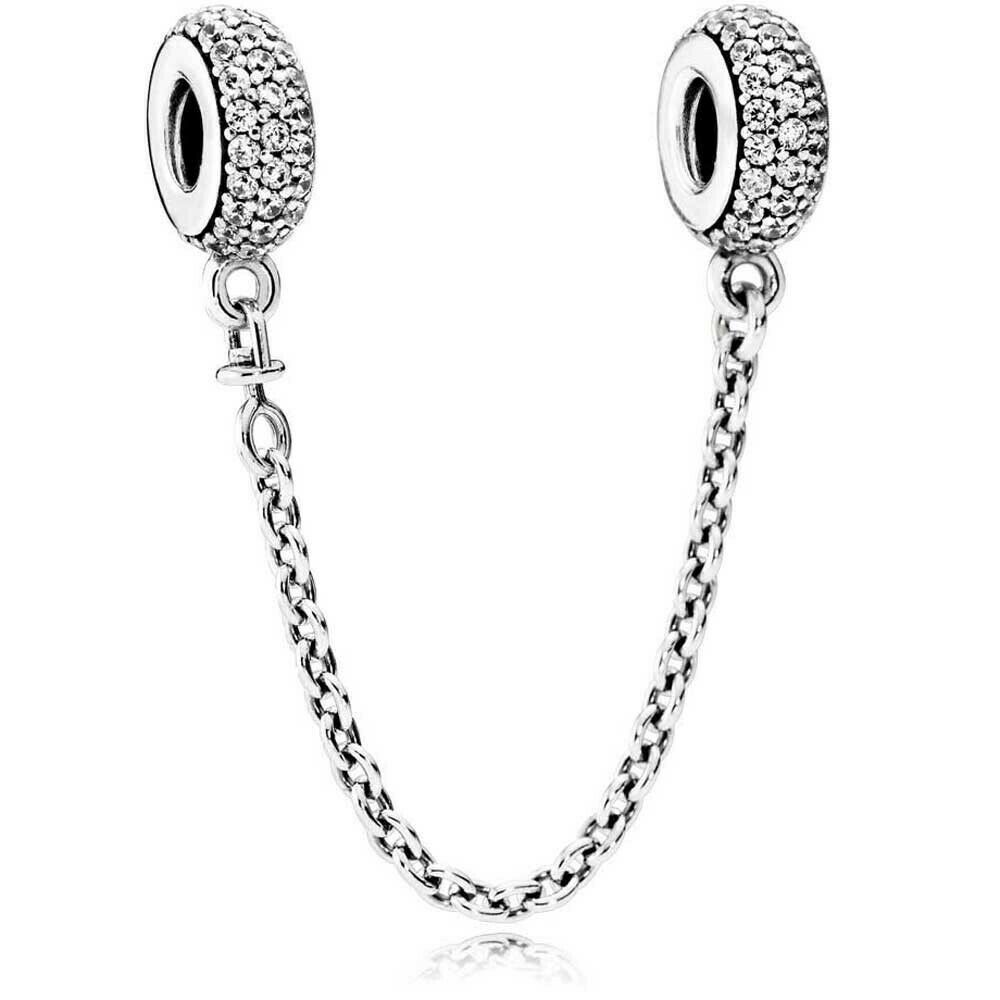 Sparkling Pave Safety Chain Charm Hallmarked S925 Sterling Silver