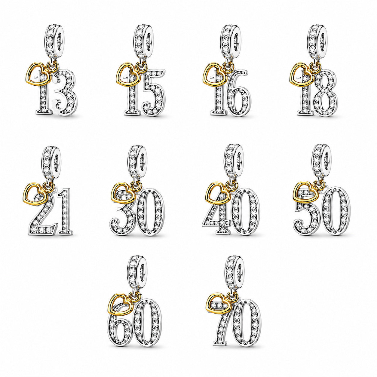 13th, 16th, 21st, 30th, 40th, 50th, 60th, 70th Gold Tag Birthday Dangle S925 Sterling Silver Charms