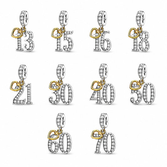 13th, 16th, 21st, 30th, 40th, 50th, 60th, 70th Gold Tag Birthday Dangle S925 Sterling Silver Charms