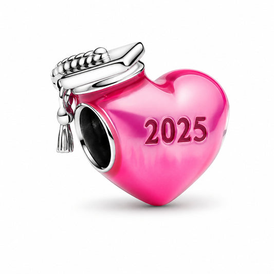 2025 Graduation Pink Heart Charm Hallmarked S925 Sterling Silver