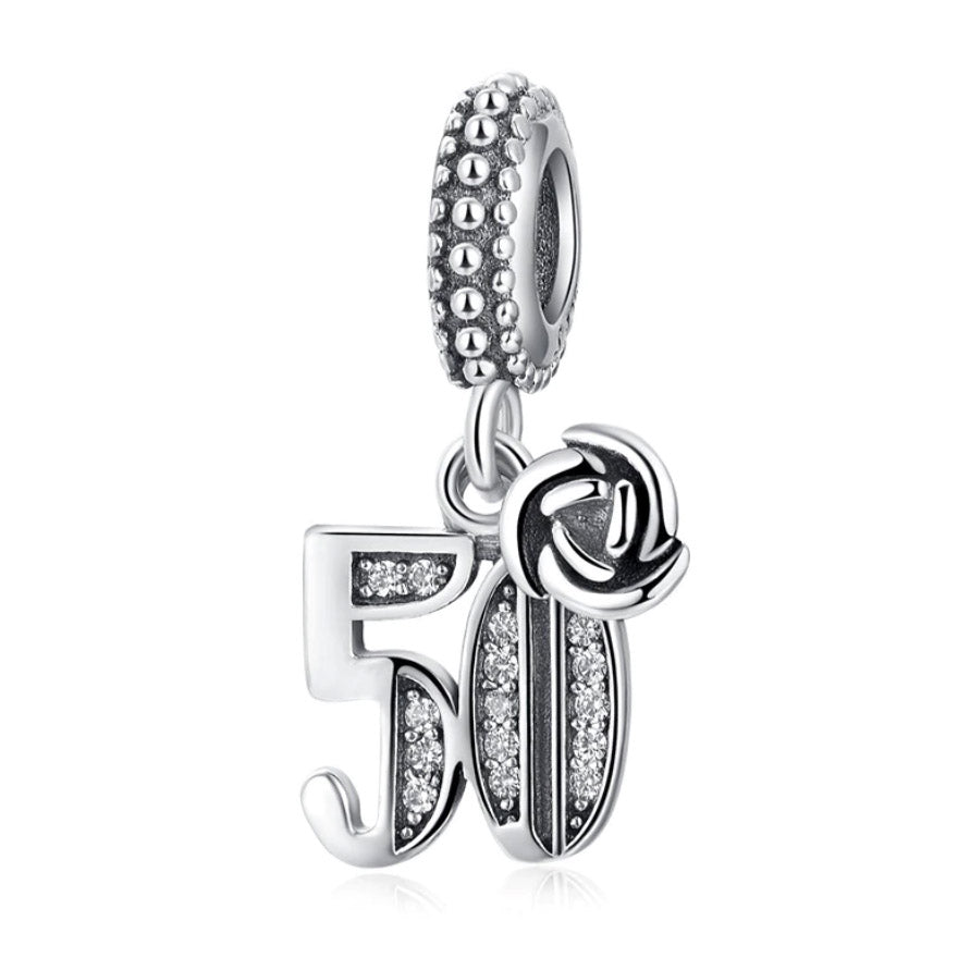 50th Birthday Dangle Charm Hallmarked S925 Sterling Silver