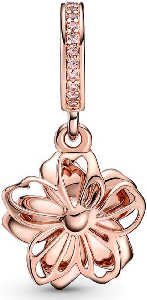 Rose Gold Cherry Blossom Dangle Charm Hallmarked S925 Sterling Silver