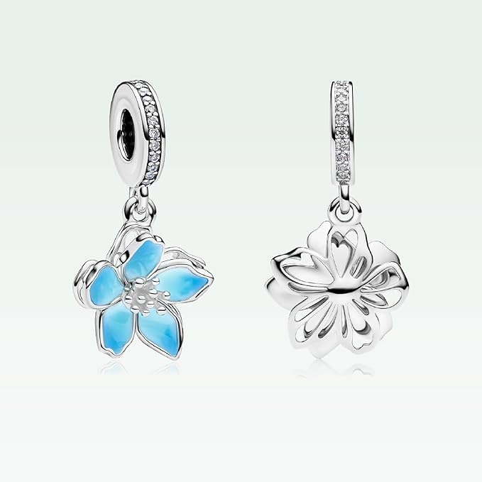 Blue Cherry Blossom Dangle Charm Hallmarked S925 Sterling Silver