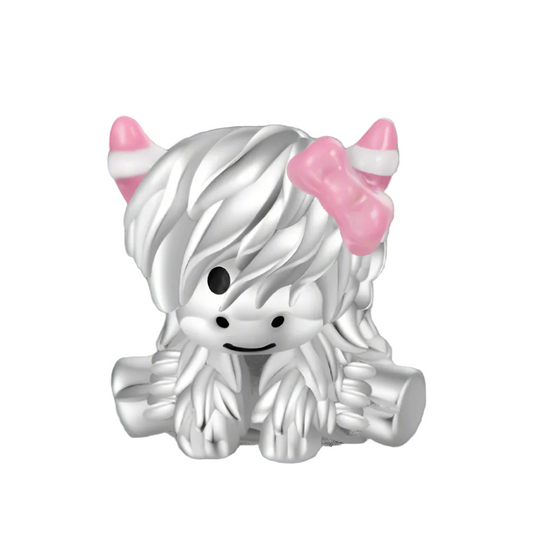 Pink Bow Highland Cow Charm Hallmarked S925 Sterling Silver