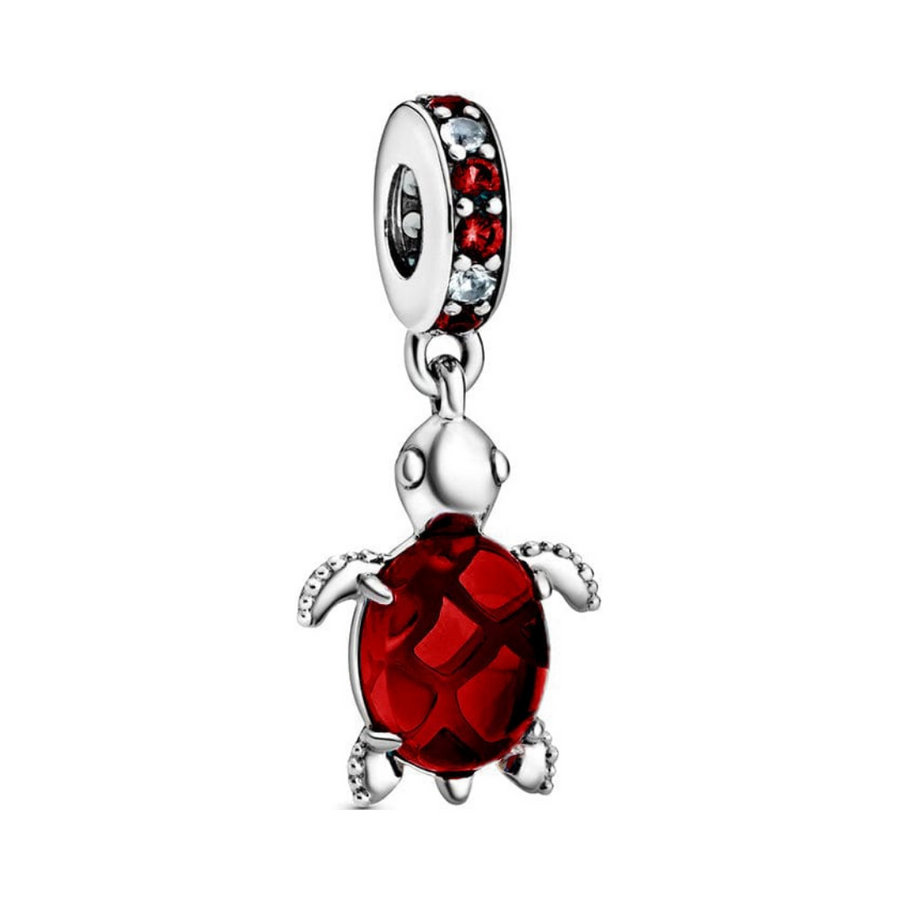 Red Murano Turtle Dangle Charm Hallmarked S925 Sterling Silver