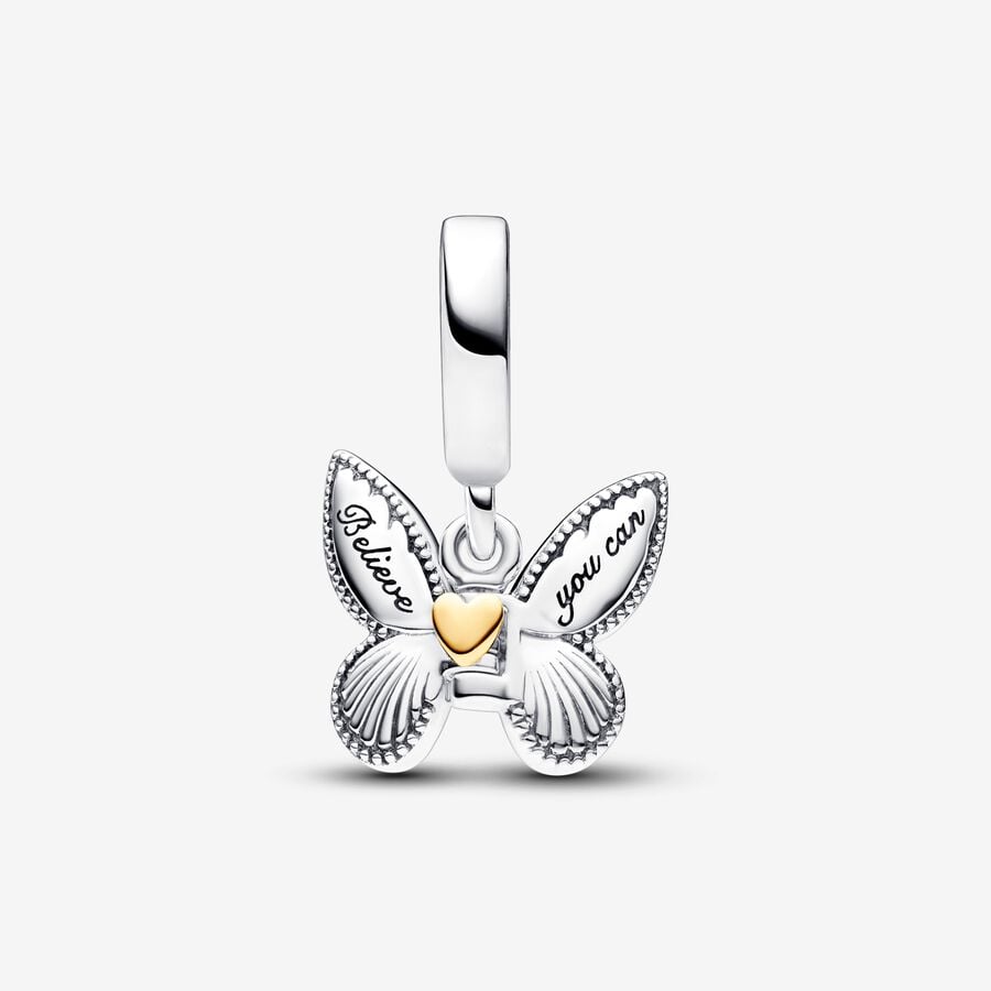 Heart Butterfly Dangle Charm Hallmarked S925 Sterling Silver