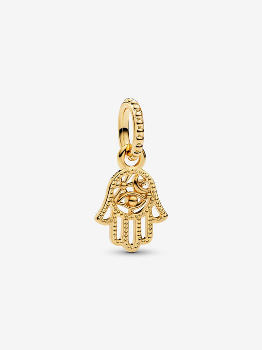Protective Golden Hamsa Hand Dangle Charm Hallmarked S925 Sterling Silver