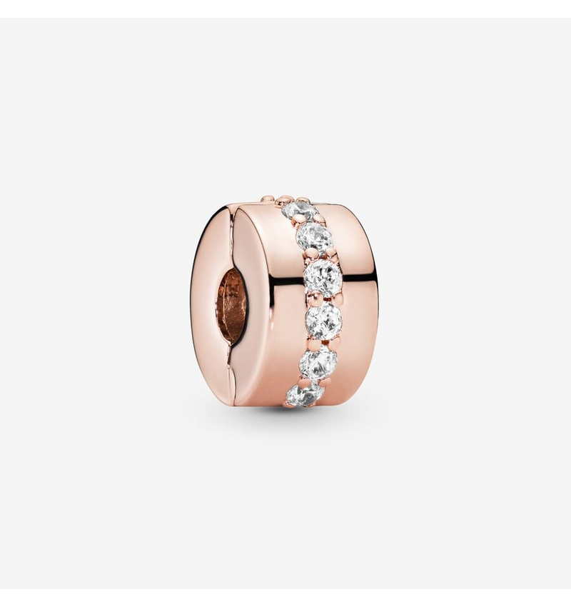 Rose gold Sparkling clear Row clip Charm Hallmarked S925 Sterling Silver