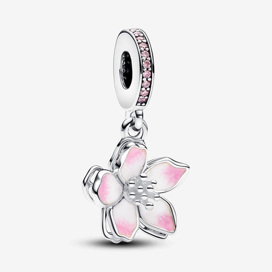 Cherry Blossom Dangle Charm Hallmarked S925 Sterling Silver