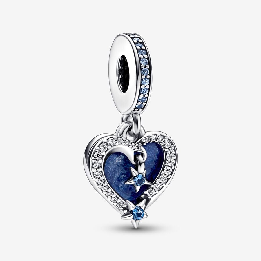 Celestial Shooting Star Heart Double Dangle Charm Hallmarked S925 Sterling Silver