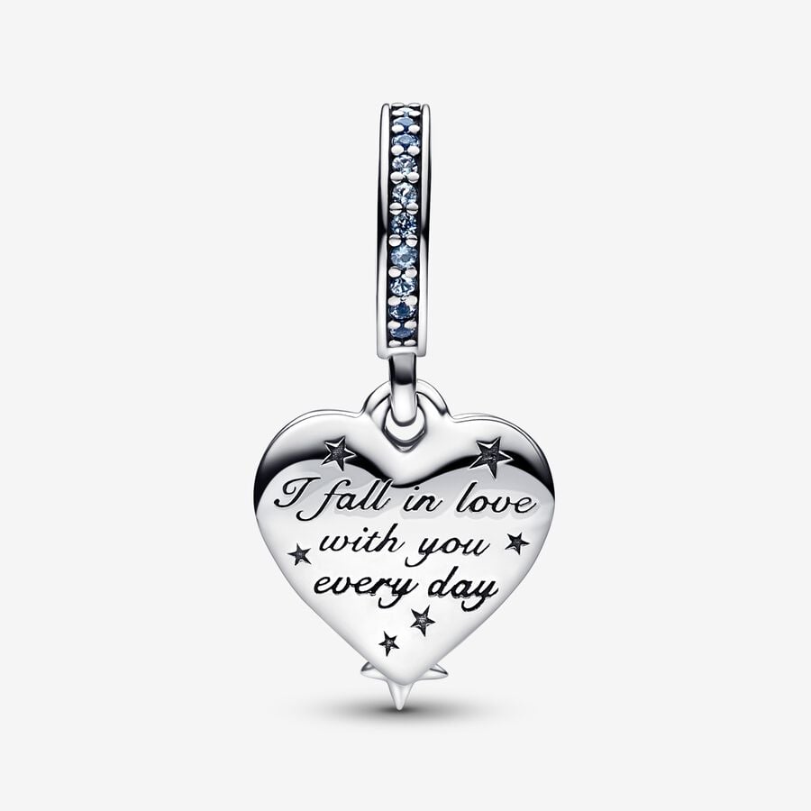 Celestial Shooting Star Heart Double Dangle Charm Hallmarked S925 Sterling Silver