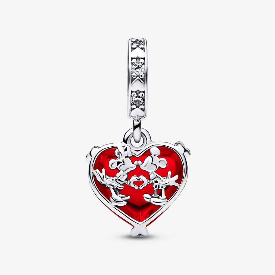 Disney Mickey Mouse & Minnie Mouse Kiss Red Murano Glass Dangle Charm Hallmarked S925 Sterling Silver