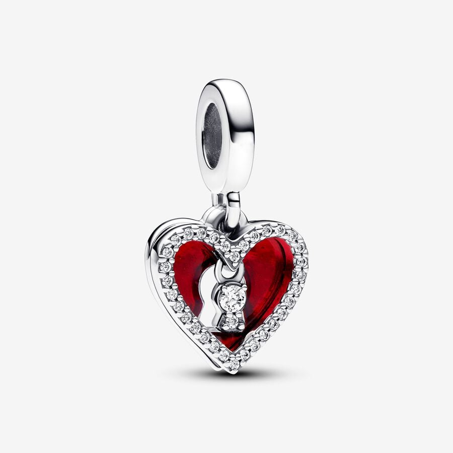 Red Heart & Keyhole Double Dangle Charm Hallmarked S925 Sterling Silver