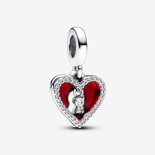 Red Heart & Keyhole Double Dangle Charm Hallmarked S925 Sterling Silver