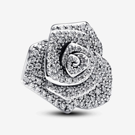 Sparkling Rose in Bloom Oversized Charm Hallmarked S925 Sterling Silver