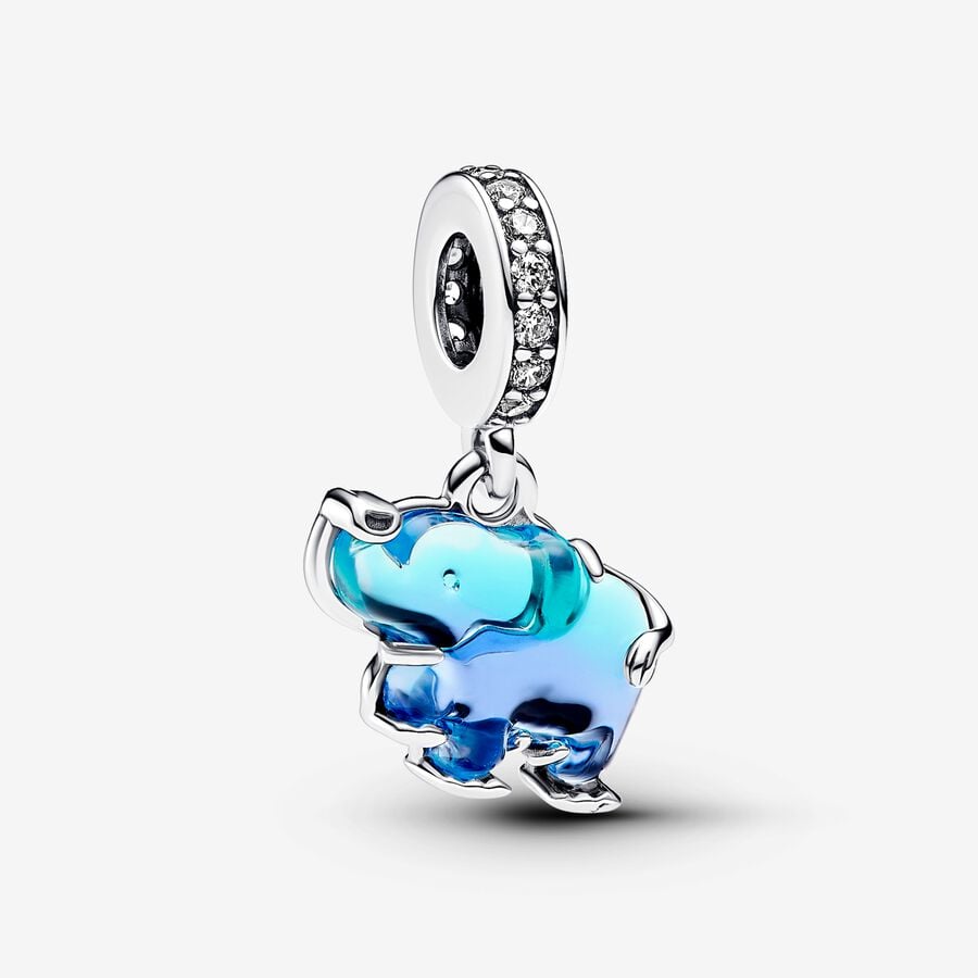 Blue Murano Glass Elephant Dangle Charm Hallmarked S925 Sterling Silver