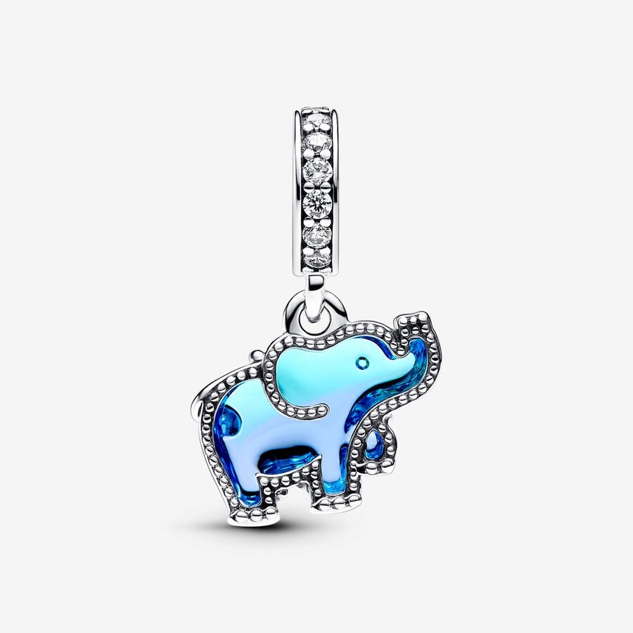 Blue Murano Glass Elephant Dangle Charm Hallmarked S925 Sterling Silver