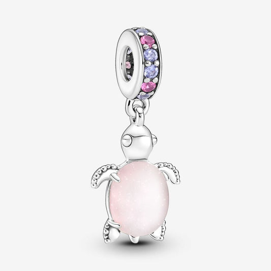 Pink Murano Turtle Dangle Charm Hallmarked S925 Sterling Silver