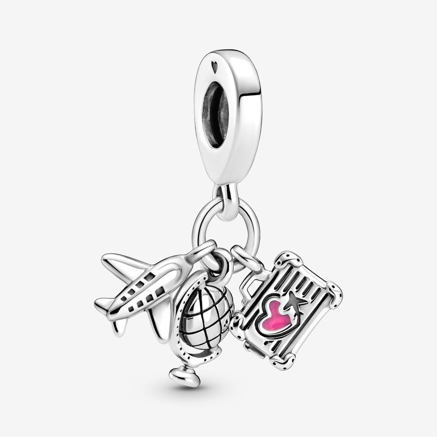 Airplane, Globe & Suitcase Dangle Charm Hallmarked S925 Sterling Silver