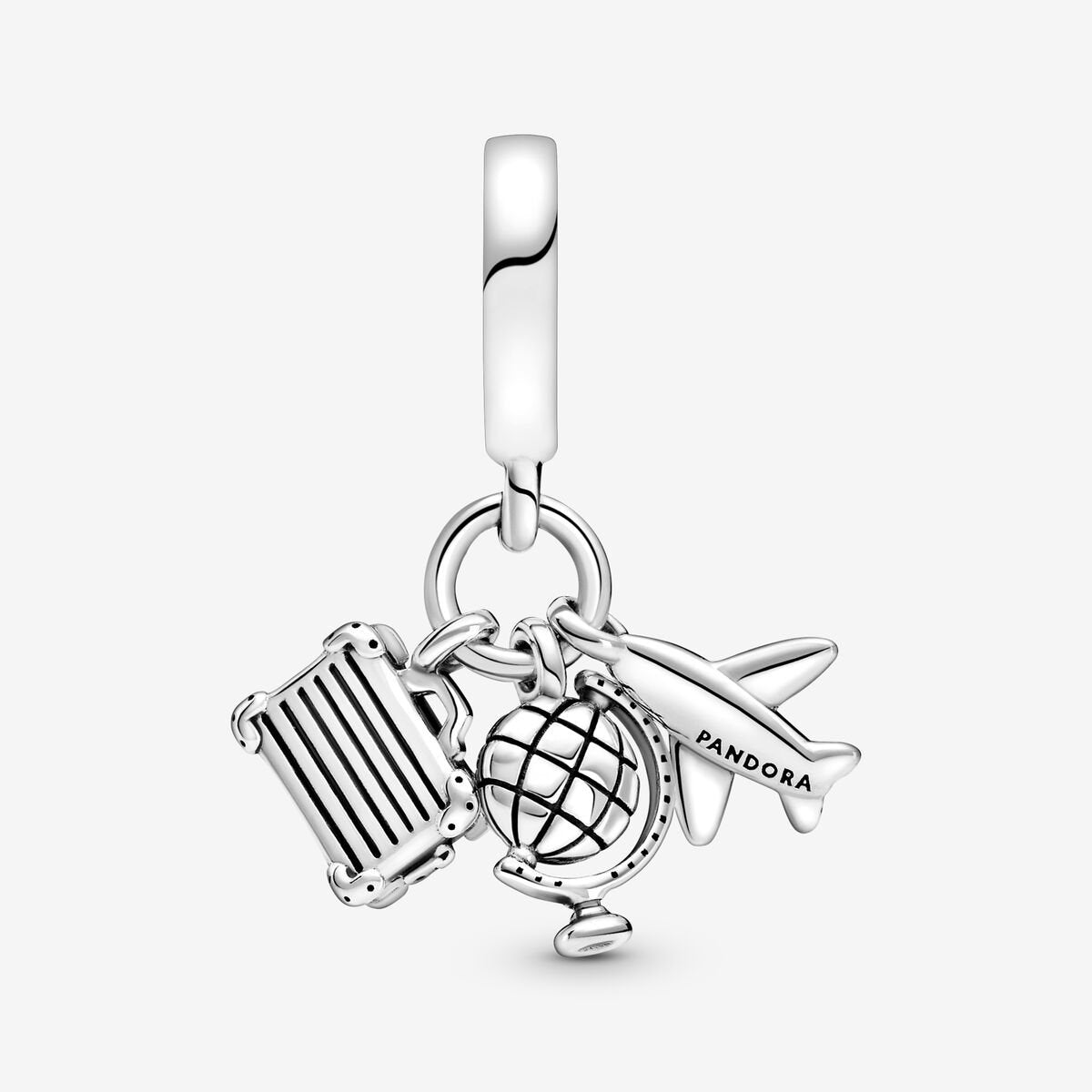 Airplane, Globe & Suitcase Dangle Charm Hallmarked S925 Sterling Silver