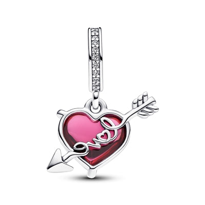 Red Heart & Arrow Murano Glass Dangle Charm Hallmarked S925 Sterling Silver