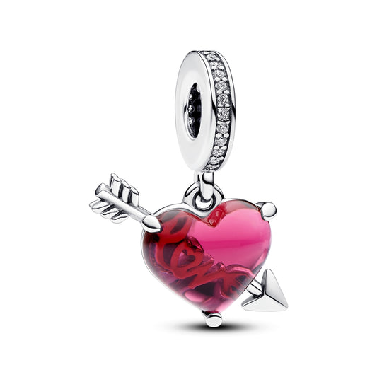 Red Heart & Arrow Murano Glass Dangle Charm Hallmarked S925 Sterling Silver