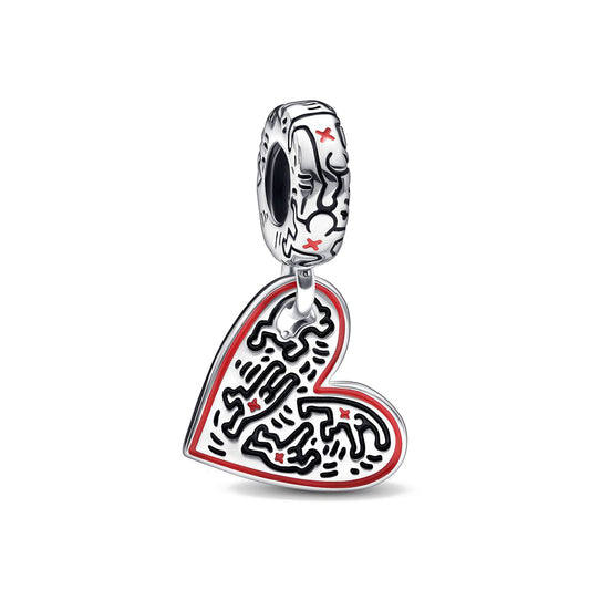 Keith Haring Line Art People Heart Charm Hallmarked S925 Sterling Silver