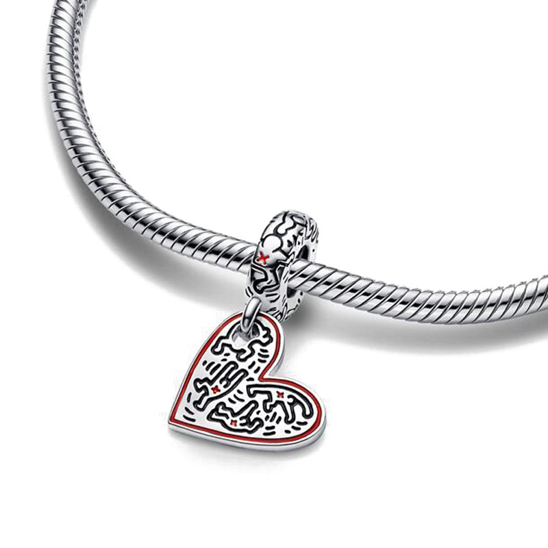 Keith Haring Line Art People Heart Charm Hallmarked S925 Sterling Silver