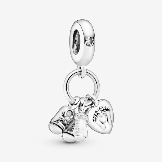 Baby Bottle & Shoes Dangle Charm Hallmarked S925 Sterling Silver