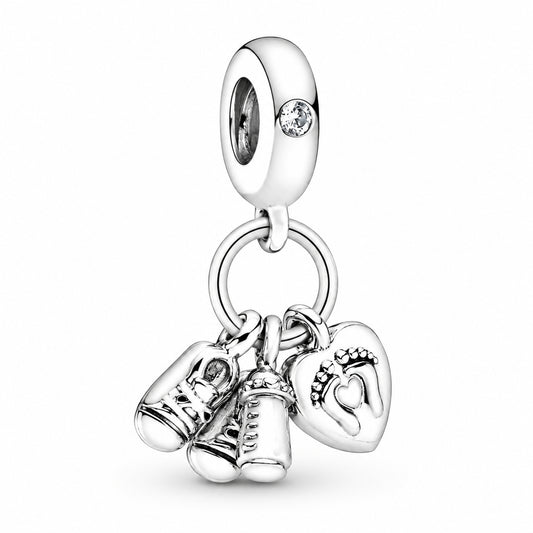 Baby Bottle & Shoes Dangle Charm Hallmarked S925 Sterling Silver