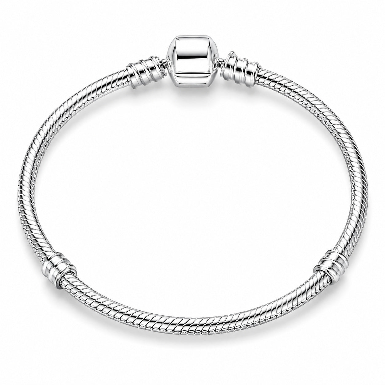 Barrel Clasp Snake Chain Silver Charm Bracelet